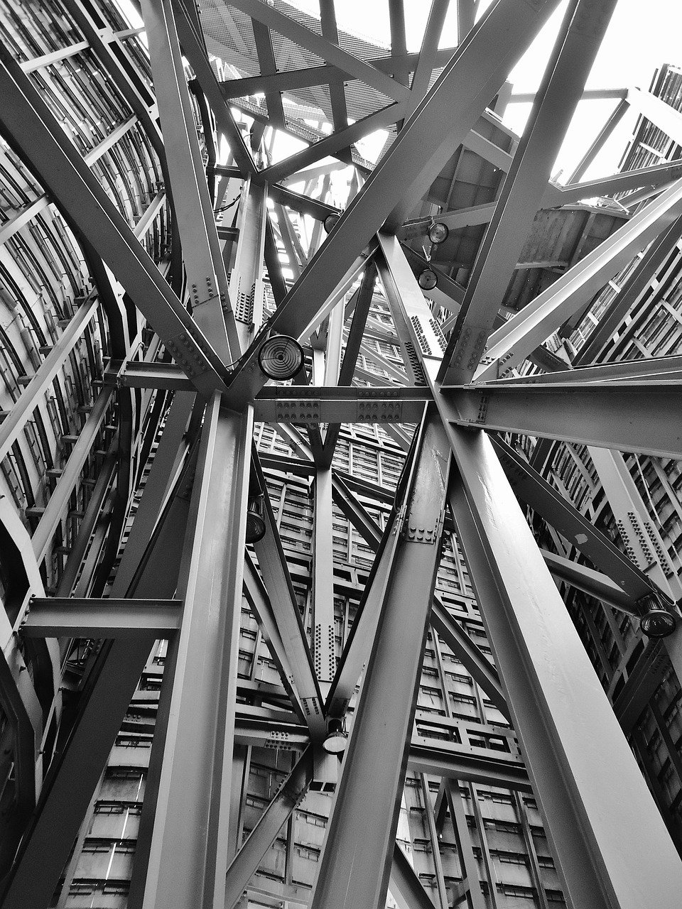 architecture, iron, steel, building, black and white, contrast, against the light, architecture, steel, steel, steel, steel, steel
